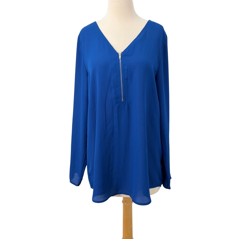 Zac & Rachel Womens Royal Blue Zip V-Neck Roll Tab Sleeve Chiffon Blouse Size XL
